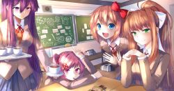 Rule 34 | 4girls, :d, bag, blue eyes, blue skirt, bow, brown hair, chalkboard, classroom, commentary, cup, day, doki doki literature club, english commentary, food, green eyes, grey jacket, hair between eyes, hair bow, hair ornament, hair ribbon, hairclip, highres, indoors, jacket, long hair, long sleeves, looking at viewer, making-of available, monika (doki doki literature club), mouth hold, multiple girls, natsuki (doki doki literature club), open mouth, pink eyes, pink hair, pleated skirt, pocky, ponytail, purple eyes, purple hair, red bow, ribbon, sayori (doki doki literature club), school uniform, short hair, sidelocks, skirt, smile, steam, steepled fingers, swept bangs, takuyarawr, teacup, tic-tac-toe, tray, two side up, v, white ribbon, yuri (doki doki literature club)