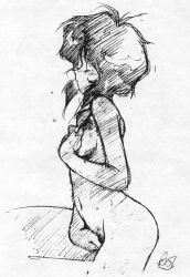 Rule 34 | 1990s (style), 1girl, artist request, cat, closed eyes, female masturbation, female pubic hair, from side, greyscale, gunsmith cats, hatching (texture), linear hatching, masturbation, monochrome, non-web source, nude, pubic hair, rally vincent, retro artstyle, short hair, sidelocks, sketch, solo, stomach, sweat