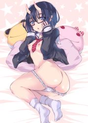 Rule 34 | 1girl, adjusting eyewear, ass, black hair, blue eyes, breasts, chestnut mouth, commentary request, ennorei, eyes visible through hair, glasses, highres, horns, looking at viewer, lying, necktie, nipples, no bra, no shoes, on side, oni, oni horns, open mouth, original, panties, panty pull, pillow, revision, senrireiri, short hair, small breasts, socks, solo, striped necktie, striped neckwear, underwear, white panties, white socks