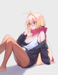 Rule 34 | 1girl, antenna hair, bare shoulders, black-framed eyewear, black bra, black jacket, black shorts, blonde hair, bra, breasts, brown pantyhose, cleavage, closed mouth, enpera, from side, glasses, grey background, hair intakes, highres, jacket, large breasts, milim nova, off shoulder, open clothes, open jacket, original, pantyhose, pink scarf, profile, scarf, shorts, simple background, solo, sweat, underwear