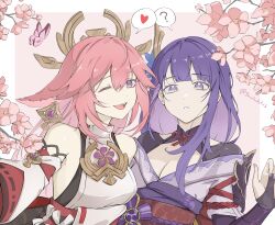Rule 34 | 2girls, :d, ?, animal ears, armor, bare shoulders, border, breasts, bridal gauntlets, bug, butterfly, cherry blossoms, cleavage, detached sleeves, dress, earrings, floppy ears, flower, fox ears, genshin impact, hair ornament, heart, highres, insect, japanese clothes, jewelry, kimono, looking at viewer, medium breasts, mole, mole under eye, multiple girls, nail polish, necklace, nontraditional miko, obi, obiage, obijime, off shoulder, one eye closed, open mouth, parted lips, pink background, pink flower, pink hair, purple dress, purple eyes, purple flower, purple hair, purple kimono, purple nails, raiden shogun, reaching, reaching towards viewer, sash, selfie, shockwhite3, shoulder armor, shrug (clothing), sidelocks, sleeveless, sleeveless dress, smile, speech bubble, spoken heart, spoken question mark, teeth, turtleneck, twitter username, upper body, upper teeth only, white border, wide sleeves, yae miko