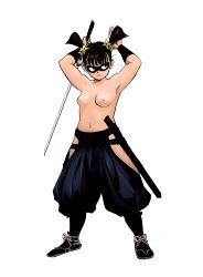 Rule 34 | 1girl, arms up, black hair, breasts, full body, highres, holding, japanese clothes, medium breasts, navel, ninja, nipples, no bra, one-punch man, shadow ring (one-punch man), short twintails, simple background, solo, standing, sword, third-party edit, twintails, weapon