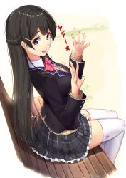Rule 34 | 1girl, absurdres, akasaai, bench, black hair, black jacket, blue eyes, bow, bowtie, braid, commentary request, from side, hair ornament, hairclip, hands up, highres, jacket, long hair, looking at viewer, nijisanji, on bench, open mouth, pleated skirt, school uniform, sitting, skirt, solo, thighhighs, tsukino mito, tsukino mito (1st costume), virtual youtuber, white thighhighs, zettai ryouiki