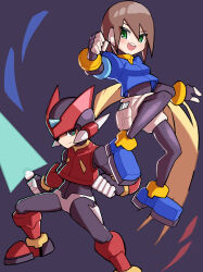 Rule 34 | 1boy, 1girl, aile (mega man zx), armor, black bodysuit, blonde hair, blue footwear, blue jacket, bodysuit, bodysuit under clothes, boots, breasts, brown hair, crop top, cropped jacket, energy sword, forehead jewel, green eyes, grey background, highres, holding, holding sword, holding weapon, in-franchise crossover, jacket, long hair, medium breasts, mega man (series), mega man zero (series), mega man zx, red footwear, red helmet, robot ears, shaded face, short hair, shorts, small breasts, suiran (suiran2822), sword, weapon, white shorts, z saber, zero(z) (mega man), zero (mega man)