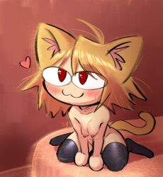 Rule 34 | 1girl, :3, ahoge, animal ears, black thighhighs, blonde hair, breasts, breasts squeezed together, cat ears, cat girl, cat tail, commentary, english commentary, full body, heart, highres, iseenudepeople, medium breasts, neco-arc, nipples, nude, red eyes, signature, sitting, solo, table, tail, thighhighs, tsukihime, wariza