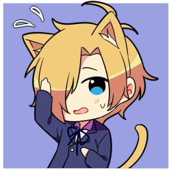 Rule 34 | 1boy, animal ear fluff, animal ears, biyo, blazer, blonde hair, blue background, blue eyes, blue jacket, border, buttons, cat ears, cat tail, chibi, flying sweatdrops, hair intakes, hand on own chest, hand on own head, jacket, looking at viewer, male focus, nervous, noel levine, open mouth, short hair, solo, sweatdrop, tail, upper body, white border, witch&#039;s heart