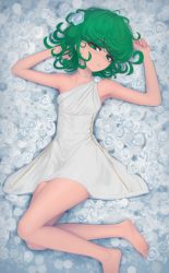Rule 34 | 1girl, absurdres, arm behind head, barefoot, breasts, daniel deves, dress, floral background, flower, green eyes, green hair, hair flower, hair ornament, highres, huge filesize, jewelry, looking at viewer, lying, messy hair, necklace, on back, one-punch man, rose, short hair, small breasts, solo, tatsumaki, thighs, white dress, white flower, white rose