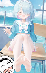 Rule 34 | 1boy, 1girl, absurdres, arona (blue archive), blue archive, blue hair, blush, chair, choker, closed eyes, desk, doodle sensei (blue archive), hair over one eye, highres, long sleeves, mako (makoda), open mouth, panties, pantyhose, sailor collar, school chair, school desk, sensei (blue archive), short hair, sitting, skirt, smile, striped clothes, striped panties, underwear, white choker, white pantyhose, white sailor collar, white skirt