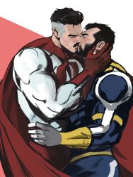 Rule 34 | 2boys, bara, beard, blue bodysuit, blush, bodysuit, cape, dopey (dopq), facial hair, feet out of frame, from side, hand on another&#039;s neck, highres, invincible (character), invincible (series), kiss, male focus, mature male, multiple boys, muscular, muscular male, mustache, omni-man, original, pectorals, red cape, short hair, sideburns, thick eyebrows, undercut, white bodysuit, yaoi