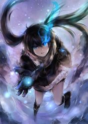 Rule 34 | 10s, 1girl, bad deviantart id, bad id, black hair, black rock shooter, black rock shooter (character), blue eyes, boots, coat, fur trim, glowing, glowing eye, glowing eyes, long hair, outstretched arm, shorts, solo, twintails, yukihomu