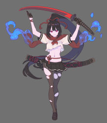 Rule 34 | 1girl, absurdres, arms up, black gloves, black hair, black pantyhose, breasts, dungeon maker, enkyo yuuichirou, full body, gloves, grey background, highres, holding, holding sword, holding weapon, katana, loafers, long hair, looking at viewer, midriff, navel, pantyhose, pleated skirt, ponytail, red eyes, scabbard, scarf, sheath, shoes, simple background, skirt, solo, sword, torn clothes, torn pantyhose, very long hair, weapon, white background