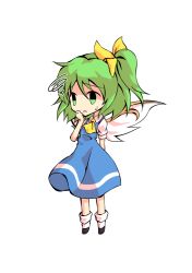 Rule 34 | 1girl, ascot, black eyes, black footwear, blue dress, bow, chibi, collar, collared shirt, dairi, daiyousei, dress, fairy wings, full body, green eyes, green hair, hair between eyes, hair bow, hand on own face, hand up, looking to the side, open mouth, ponytail, puffy short sleeves, puffy sleeves, shaded face, shirt, shoes, short hair, short ponytail, short sleeves, simple background, socks, solo, standing, tachi-e, touhou, transparent background, white background, white shirt, white sleeves, white socks, wings, yellow ascot, yellow bow