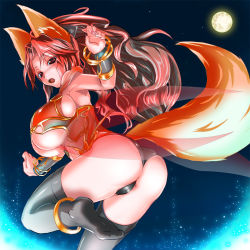 Rule 34 | 1girl, animal ears, ass, bare shoulders, black thighhighs, blush, bracelet, breasts, brown hair, colored eyelashes, female focus, fingernails, fox ears, fox tail, from behind, gradient hair, highres, huge breasts, jewelry, kiyukisuke, long fingernails, long hair, looking at viewer, looking down, moon, multicolored hair, open mouth, original, panties, red eyes, red hair, shiny clothes, shiny skin, sideboob, sky, solo, star (sky), starry sky, tail, thighhighs, underboob, underwear