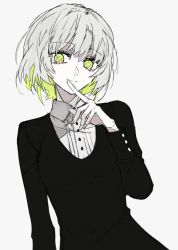 Rule 34 | 1girl, black dress, closed mouth, colored inner hair, copyright request, dress, ebanoniwa, green eyes, green hair, grey hair, hand up, index finger raised, long sleeves, looking at viewer, medium hair, multicolored hair, simple background, smile, solo, white background
