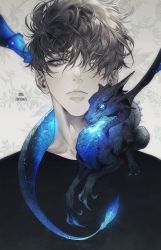 Rule 34 | 1boy, animal, animal on shoulder, artist name, black hair, black shirt, blue eyes, blue theme, commentary, dated, dragon, ena (enaa97), english commentary, eyelashes, frown, grey background, hair over one eye, highres, looking at viewer, male focus, one eye covered, original, patterned background, portrait, shirt, slit pupils, spot color