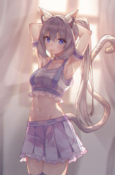 Rule 34 | 1girl, animal ear fluff, animal ears, armband, armpits, arms behind head, blue eyes, cat ears, cat girl, cat tail, cheerleader, choker, collarbone, commentary request, cowboy shot, crop top, curtains, eyelashes, frilled armband, frilled skirt, frills, grey hair, hair between eyes, hair tie, hair tie in mouth, highres, indoors, long hair, mole, mole under eye, mouth hold, multicolored eyes, navel, original, parted bangs, pink choker, pleated skirt, ponytail, purple eyes, purple skirt, seemu (wnslqjdignv ), shadow, skirt, slit pupils, standing, tail, tail raised, thighhighs, window