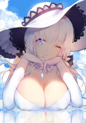 Rule 34 | 1girl, ;), absurdres, azur lane, blue eyes, breast rest, breasts, cleavage, day, dress, elbow gloves, gloves, hat, head rest, highres, horz, illustrious (azur lane), jewelry, large breasts, lipstick, long hair, looking at viewer, makeup, necklace, one eye closed, painttool sai, reflection, smile, solo, upper body, white hair, white hat