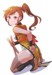 Rule 34 | 1girl, black footwear, blush, boots, breasts, brown eyes, brown hair, brown thighhighs, commentary request, fundoshi day, futami mami, grin, hair ribbon, holding, idolmaster, idolmaster (classic), japanese clothes, long hair, looking back, medium breasts, ponytail, ribbon, sarashi, side ponytail, simple background, smile, solo, sweat, tasuki, thighhighs, tomamatto, underwear, white background