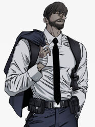 Rule 34 | 0mxmo, 1boy, absurdres, bandaged hand, bandages, beard, belt, black hair, black necktie, blue pants, carrying over shoulder, cigar, collared shirt, cowboy shot, facial hair, gun, hair between eyes, hand in pocket, highres, long sleeves, male focus, necktie, open mouth, original, pants, shirt, short hair, simple background, solo, star pin, teeth, weapon, white background, white shirt