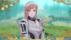 Rule 34 | 1girl, armor, black dress, blue sky, breastplate, cherche (fire emblem), cm lynarc, commentary request, day, dress, fire emblem, fire emblem: three houses, fire emblem awakening, fire emblem warriors: three hopes, game screenshot background, grass, grey hairband, hairband, long hair, looking at viewer, nintendo, outdoors, pauldrons, pink eyes, pink hair, shoulder armor, sky, solo, tree, upper body, very long hair