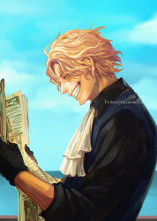 Rule 34 | 1boy, artist name, ascot, black gloves, blonde hair, blue sky, clenched teeth, closed eyes, cloud, day, from side, gloves, holding, holding newspaper, long sleeves, male focus, newspaper, ocean, one piece, outdoors, sabo (one piece), scar, short hair, sky, smile, solo, teeth, tsuyomaru, upper body, wavy hair, white ascot
