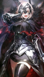 Rule 34 | 1girl, ahoge, armor, armored dress, breasts, cape, chain, cleavage, commentary request, covering one eye, cowboy shot, dress, fate/grand order, fate (series), fur-trimmed cape, fur collar, fur trim, gauntlets, half-closed eyes, headpiece, highres, hoojiro, jeanne d&#039;arc (fate), jeanne d&#039;arc alter (avenger) (fate), jeanne d&#039;arc alter (fate), large breasts, looking at viewer, open mouth, short hair, silver hair, smile, solo, thighhighs, thighs, tsurime, yellow eyes