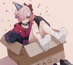 Rule 34 | 1girl, arm rest, bandaid, bandaid on leg, black choker, black hoodie, blush, bow, box, cardboard box, choker, collarbone, commentary, confetti, dutch angle, ear piercing, ear spike, english commentary, english text, eyelashes, feet, feet up, foreshortening, hair bow, hair ornament, hair over one eye, hand up, hat, highres, hood, hoodie, in box, in container, k-rha&#039;s, knees up, legs, medium hair, mouth hold, no shoes, o-ring, o-ring choker, original, parted bangs, party hat, party horn, piercing, pink hair, red eyes, red hoodie, ringed eyes, shiny skin, shoes, unworn shoes, side ponytail, sidelocks, sitting, sleeves past wrists, sneakers, socks, soles, solo, sweatdrop, tan background, thighs, toes, violett (k-rha), white socks, x hair ornament