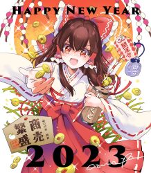 Rule 34 | + +, 1girl, 2023, :d, arrow (projectile), azuma aya, bell, bow, brown hair, coin, commentary, detached sleeves, ema, english commentary, english text, hair bow, hair tubes, hakama, hakama skirt, hakurei reimu, hamaya, happy new year, highres, holed coin, japanese clothes, jingle bell, kimono, kinchaku, looking at viewer, medium hair, miko, new year, omamori, omikuji, open mouth, pouch, red bow, red eyes, red hakama, red skirt, ribbon-trimmed skirt, ribbon-trimmed sleeves, ribbon trim, sidelocks, skirt, smile, solo, touhou, white kimono, wide sleeves