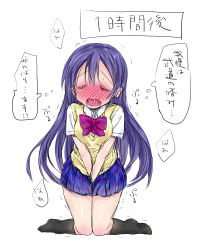 Rule 34 | 1girl, between legs, black socks, blue skirt, blush, bow, bowtie, breasts, bulbonne, closed eyes, collared shirt, embarrassed, female focus, full body, hand between legs, have to pee, highres, japanese text, kneehighs, kneeling, long hair, love live!, miniskirt, nose blush, open mouth, own hands together, plaid, plaid skirt, pleated skirt, purple hair, red bow, red bowtie, saliva, school uniform, shirt, short sleeves, sidelocks, simple background, sketch, skirt, small breasts, socks, solo, sonoda umi, speech bubble, straight-on, striped bow, striped bowtie, striped clothes, sweat, thought bubble, translation request, trembling, v arms, very long hair, vest, wavy mouth, white background, white shirt, yellow vest