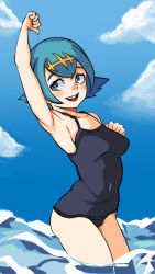 Rule 34 | 1girl, absurdres, arm up, armpits, blue eyes, blue hair, blush, breasts, collarbone, covered navel, creatures (company), game freak, hair ornament, highres, lana (pokemon), matching hair/eyes, medium breasts, nintendo, ocean, one-piece swimsuit, open mouth, partially submerged, pokemon, pokemon sm, short hair, sky, smile, solo, swimsuit, teeth, upper teeth only