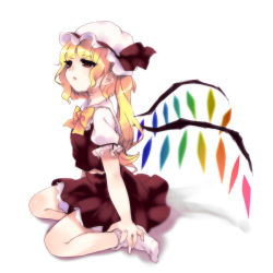 Rule 34 | 1girl, bad id, bad pixiv id, blonde hair, bow, female focus, flandre scarlet, hat, long hair, ponytail, red eyes, simple background, sitting, solo, touhou, tsuburaya 35, white background, wings