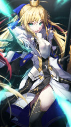 Rule 34 | 1girl, absurdres, ahoge, armor, armored dress, artoria caster (fate), artoria caster (third ascension) (fate), artoria pendragon (fate), black gloves, blonde hair, blue ribbon, blush, breastplate, breasts, capelet, crown, dress, facial mark, fate/grand order, fate (series), faulds, forehead mark, fur-trimmed capelet, fur trim, gloves, green eyes, hair ribbon, herigaru (fvgyvr000), highres, long hair, long sleeves, looking at viewer, open mouth, outstretched arm, ribbon, small breasts, solo, staff, thighs, twintails, white capelet, white dress