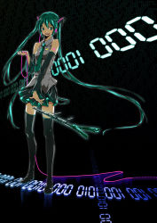 Rule 34 | binary, detached sleeves, gor2, green eyes, green hair, hatsune miku, headset, highres, legs, long hair, necktie, skirt, solo, spring onion, thighhighs, twintails, very long hair, vocaloid