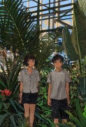 Rule 34 | 1boy, 1girl, :o, arms at sides, arms behind back, black eyes, black hair, black shorts, blue sky, brown eyes, buttons, closed mouth, collarbone, collared shirt, conservatory, day, feet out of frame, fern, flower, highres, holding own arm, light blush, looking away, minahamu, open mouth, original, plant, plant request, red flower, shirt, short hair, short shorts, short sleeves, shorts, sideways glance, sky, standing, sunlight, t-shirt, white shirt