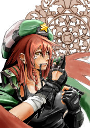 Rule 34 | 1girl, adapted costume, bandages, braid, breasts, brown eyes, ear piercing, fingerless gloves, gloves, hat, high collar, hong meiling, large breasts, long hair, mouth pull, piercing, red hair, single braid, solo, sowel (sk3), star-shaped pupils, star (symbol), symbol-shaped pupils, taut clothes, touhou