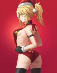 Rule 34 | 1girl, arched back, ass, back, bare arms, bare shoulders, belt, blonde hair, box, braid, breasts, commentary request, fate/apocrypha, fate (series), female focus, from side, gift, gift box, green eyes, hat, highres, long hair, looking at viewer, looking to the side, meme attire, mordred (fate), mordred (fate/apocrypha), ponytail, pout, profile, red background, red sweater, santa hat, sideboob, simple background, small breasts, solo, sweater, teeth, thighs, tonee, virgin killer sweater