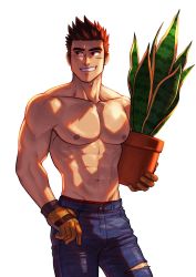 Rule 34 | 1boy, abs, bara, brown hair, bulge, denim, facial scar, flower pot, gloves, highres, holding, holding flower pot, holding pot, jeans, large pectorals, looking to the side, male focus, mocucumo, muscular, muscular male, navel, nipples, original, pants, pectorals, plant, pot, potted plant, scar, scar on cheek, scar on face, short hair, simple background, smile, solo, spiked hair, topless male, white background