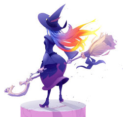 Rule 34 | 10s, 1girl, black footwear, blue hair, boots, broom, chariot du nord, female focus, floating hair, from behind, full body, gary vanaka, glasses, gradient hair, hat, holding, holding broom, holding wand, little witch academia, long sleeves, multicolored hair, red hair, shadow, solo, standing, ursula callistis, wand, white background, wide sleeves, witch, witch hat