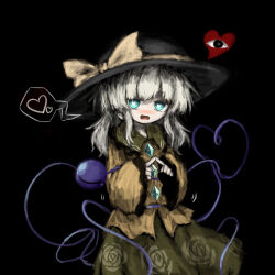 Rule 34 | 1girl, aqua eyes, black background, black hat, blouse, blush, bow, bright pupils, buttons, diamond button, dutch angle, eyeball, floral print, frilled shirt collar, frilled sleeves, frills, green skirt, grey hair, hat, hat bow, hat ribbon, heart, heart-shaped pupils, heart of string, heripantomorrow, index fingers together, komeiji koishi, long sleeves, looking at viewer, medium hair, nose blush, open mouth, ribbon, rose print, shirt, shy, sidelocks, simple background, skirt, smile, solo, speech bubble, spoken heart, symbol-shaped pupils, touhou, trembling, wavy hair, wide sleeves, yellow bow, yellow ribbon, yellow shirt