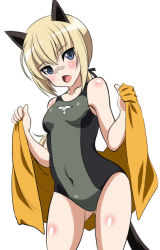 Rule 34 | 1girl, animal ears, bandaid, bandaid on face, bandaid on nose, blonde hair, blue eyes, blush, cat ears, cat tail, fang, hanna rudel, kyogoku shin, long hair, one-piece swimsuit, open mouth, open towel, simple background, solo, strike witches, strike witches: suomus misfits squadron, swimsuit, tail, towel, white background, world witches series
