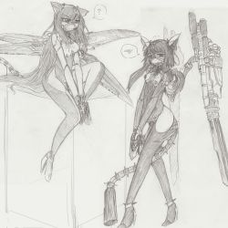 Rule 34 | 2girls, ?, animal ears, ball gag, breasts, breasts out, clothing cutout, cyborg, drooling, fake animal ears, gag, gagged, gatling raid, greyscale, high heels, long hair, mecha musume, mechanical arms, mechanical ears, mechanical legs, mechanical tail, mechanical wings, medium breasts, monochrome, multiple girls, nipple piercing, nipple rings, nipples, piercing, saliva, sidelocks, sitting, speech bubble, spoken question mark, standing, tail, thigh cutout, weapon, wings