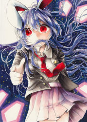 Rule 34 | 1girl, absurdres, animal ears, black jacket, blazer, blouse, blue hair, breasts, closed mouth, collared shirt, commentary request, cowboy shot, crescent, expressionless, eyebrows hidden by hair, finger gun, hair between eyes, highres, jacket, long hair, long sleeves, looking at viewer, maa (forsythia1729), marker (medium), messy hair, miniskirt, necktie, pink skirt, pleated skirt, rabbit ears, red eyes, red necktie, reisen udongein inaba, shirt, skirt, small breasts, solo, touhou, traditional media, very long hair, white shirt