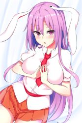 Rule 34 | 1girl, :o, animal ears, belt, between breasts, blush, breasts, collared shirt, eyelashes, fingers together, head tilt, highres, light purple hair, long hair, looking at viewer, microskirt, necktie, open mouth, parted lips, pleated skirt, rabbit ears, red belt, red eyes, red necktie, reisen udongein inaba, shirt, sidelocks, skirt, solo, standing, thighs, touhou, white shirt, wing collar, xialuluo (sharuro)