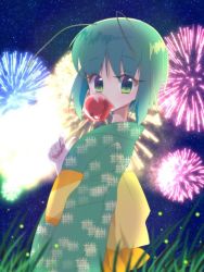 Rule 34 | 1girl, alternate costume, antennae, bug, candy apple, commentary, cowboy shot, eyes visible through hair, firefly, fireworks, food, grass, green eyes, green hair, green kimono, holding, holding food, insect, japanese clothes, kari (atsuki 565), kimono, looking at viewer, looking to the side, night, night sky, short hair, sky, solo, star (sky), starry sky, touhou, wriggle nightbug, yukata