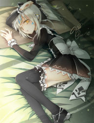 Rule 34 | 1girl, alternate hairstyle, bad id, bad pixiv id, black dress, black thighhighs, corset, dress, elsword, eve (elsword), frills, juliet sleeves, long sleeves, lying, nairofu, oao, on side, pillow, puffy sleeves, shoes, short hair, skirt, solo, thighhighs, white hair, yellow eyes