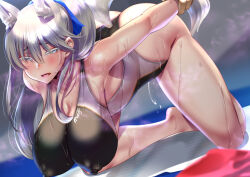 Rule 34 | 1girl, andou you, animal ear fluff, animal ears, arm grab, ass, blue eyes, blue ribbon, blurry, blurry background, breasts, colored eyelashes, competition swimsuit, covered erect nipples, dog ears, dog girl, dog tail, grey hair, hair between eyes, hair ribbon, kneeling, large breasts, long hair, multicolored clothes, multicolored swimsuit, one-piece swimsuit, open mouth, original, ribbon, swimsuit, tail, thighs, wet, wet clothes, wet swimsuit