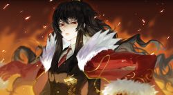 Rule 34 | 1girl, absurdres, black hair, carol0905, cinders, dragon print, formal, gold trim, highres, jacket, jacket on shoulders, library of ruina, long hair, looking at viewer, necktie, project moon, red eyes, red necktie, slight frown, solo, suit, upper body, xiao (project moon)