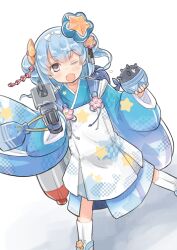 Rule 34 | 1girl, adapted turret, animal, animal on shoulder, bag, blue eyes, blue hair, blue kimono, cannon, double bun, dutch angle, enjaku izuku, explosive, feet out of frame, gun, hair bun, highres, japanese clothes, kantai collection, kimono, little blue whale (kancolle), mine (weapon), naval mine, official alternate costume, one eye closed, samuel b. roberts (kancolle), samuel b. roberts mk ii (kancolle), satchel, simple background, solo, star (symbol), star print, turret, twintails, weapon, white background