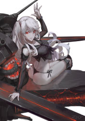 Rule 34 | 10s, 1girl, abyssal ship, aircraft carrier princess, armor, armored boots, ass, bikini, bikini bottom only, boots, breasts, colored skin, commentary request, elbow gloves, gloves, kantai collection, large breasts, leaning back, long hair, looking at viewer, looking back, one side up, red eyes, reflection, sailor collar, salute, side-tie bikini bottom, side ponytail, sitting, smile, solo, swimsuit, teeth, white hair, white skin, z.h.y