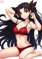 Rule 34 | 1girl, arms up, artist name, bare arms, bare legs, bare shoulders, barefoot, black hair, bra, breasts, commentary request, fate/grand order, fate (series), grin, hair ribbon, head tilt, highres, ishtar (fate), long hair, looking at viewer, medium breasts, nail polish, navel, panties, red bra, red eyes, red panties, ribbon, sakiyamama, signature, simple background, sitting, smile, solo, stomach, thighs, two side up, underwear, underwear only, very long hair, wariza, white background